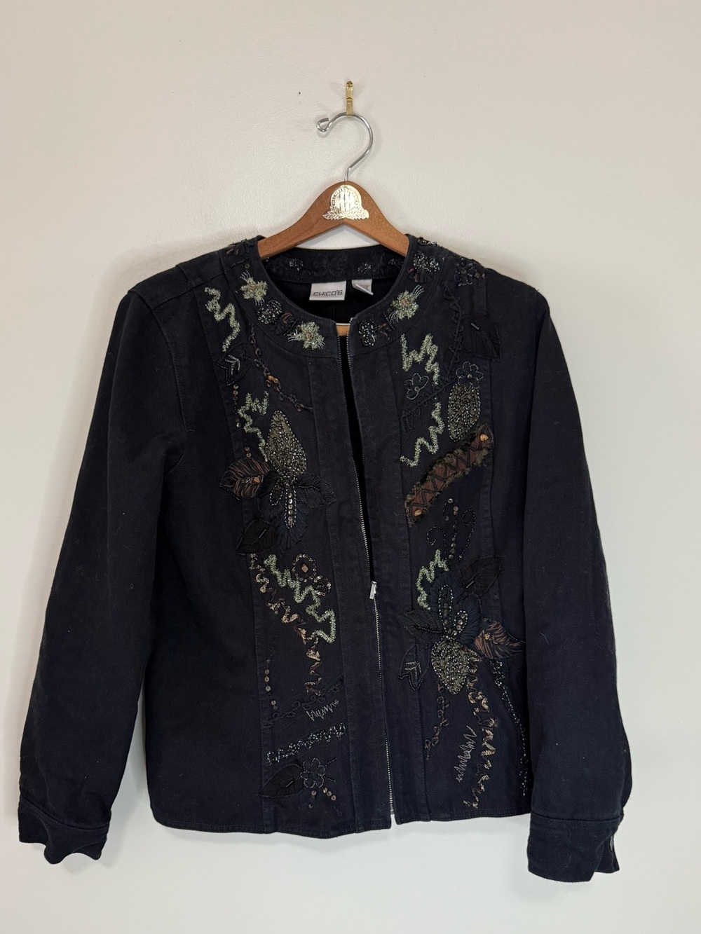 Chicos Black Embroidered & beaded Zip-Front denim Jacket size large (2) - Picture 1 of 13